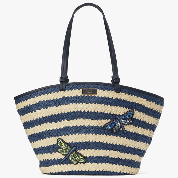 NWT! $378 kate spade Shore Thing Dragonfly Embellished Striped Straw Large Tote - Picture 3 of 17